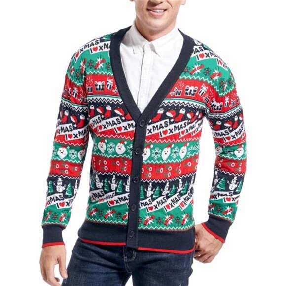 Men's Christmas Rudolph Reindeer Holiday Festive Knitted Sweater Cardigan - Picture 3 of 6